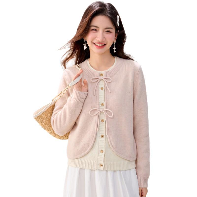Pink Patchwork Bow Tie Knit Sweater for Autumn/Winter 2026