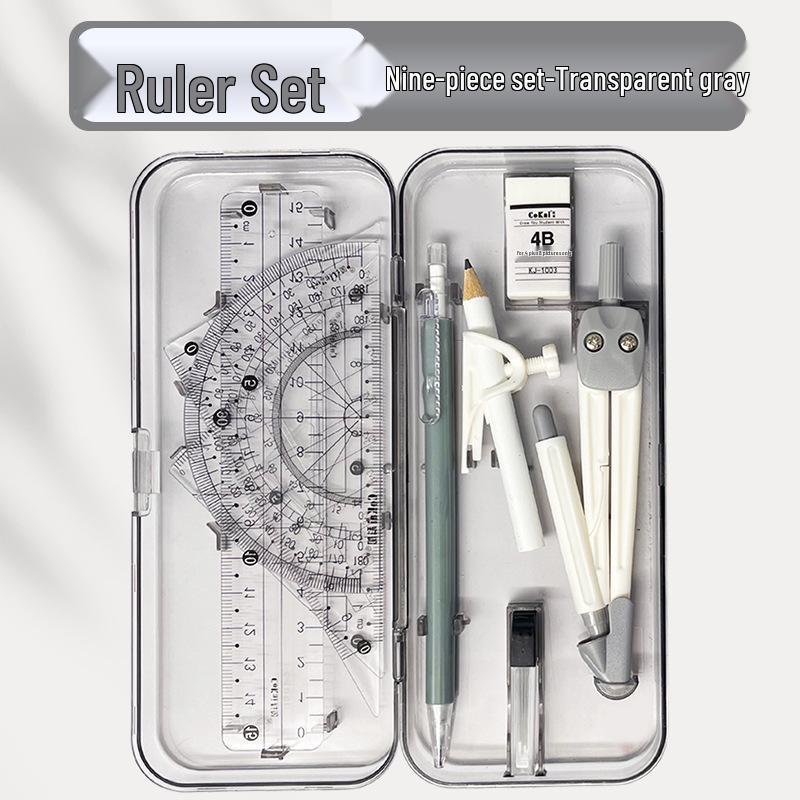 9-Piece Geometry Set for School: Compass, Protractor, Ruler, Square, and More