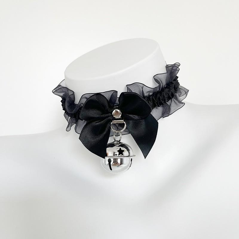 Black Bow Bell Choker Lolita Cute Lace Stretch Wristband Leg Ring Set