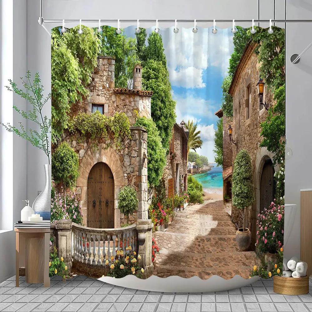 Outdoor Garden Landscape Shower Curtain Lapa Old Town Coastal Landscape Mediterranean Landscape Shower Curtains Bathroom Decor