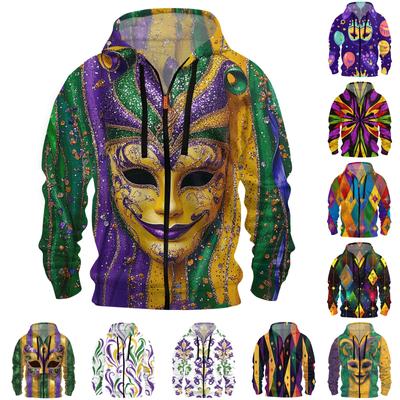 Men's Sports Casual Fleece Hoodie Carnival Print Hoodie Cardigan Zipper Multi-pocket Hoodie Coat