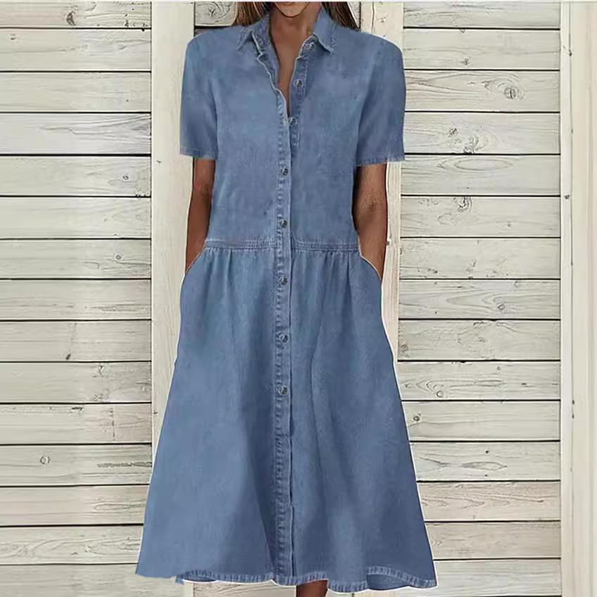 Spring Hot Style Shirt Collar Casual Denim Short Sleeve Dress