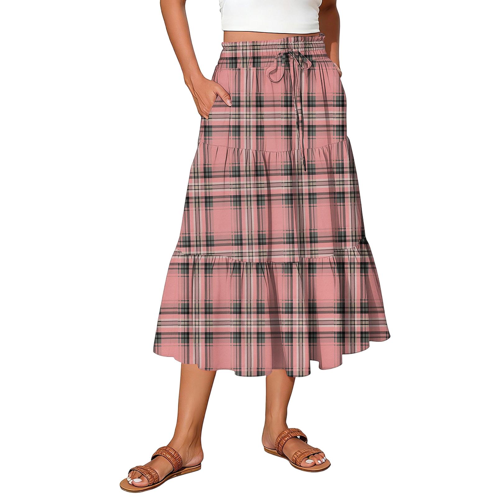 

Ladies plaid printed casual elastic waist drawstring skirt XL