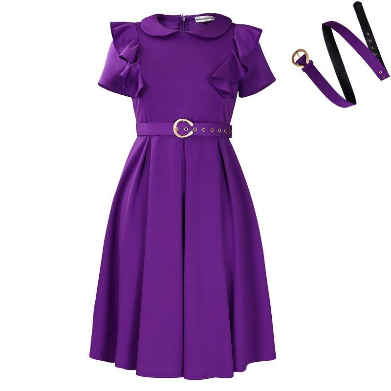 Women's Short-sleeved Doll Collar Solid Color Short-sleeved Ruffle Edge High-waisted Big Swing Dress