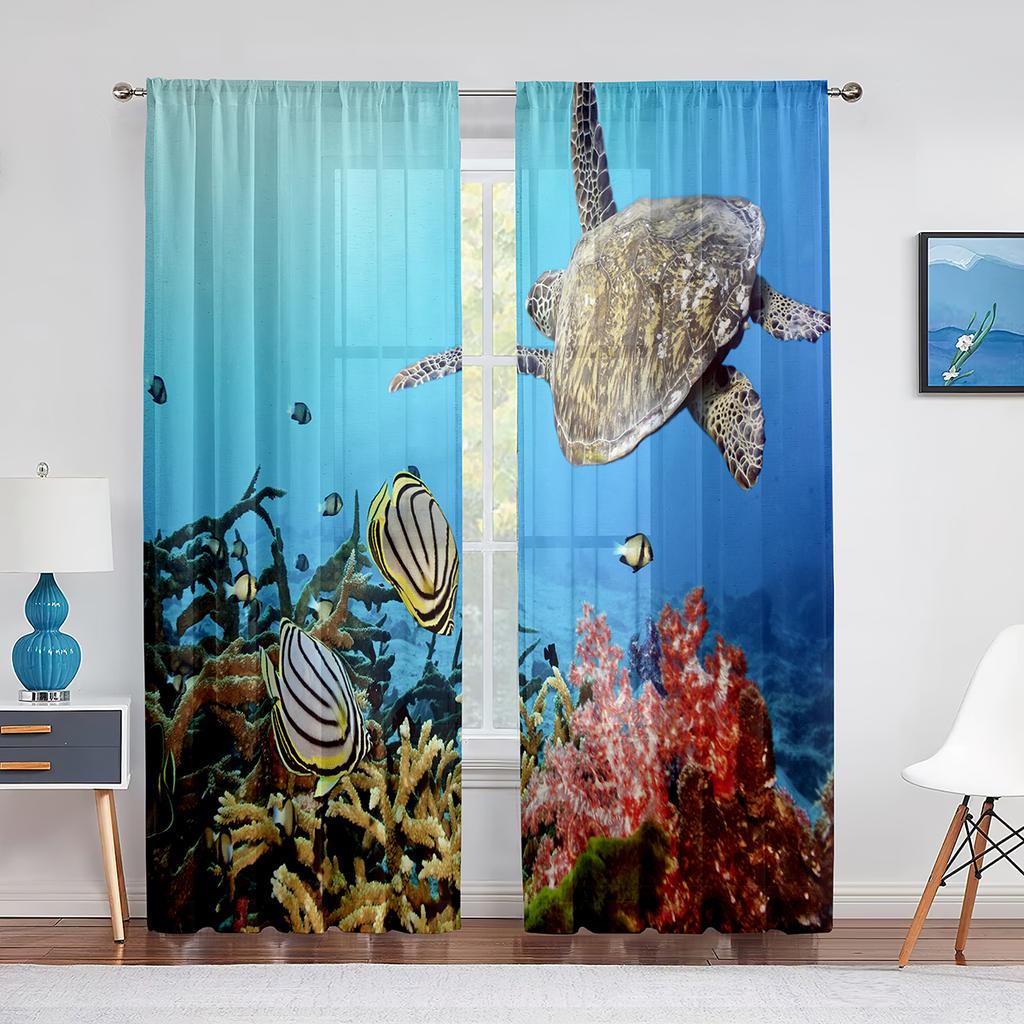 Cartoon Sea Turtle Tulle Curtains for Living Room Decoration Marine Animals Ink Blue Chiffon Sheer Voile Kitchen Bedroom Curtain
