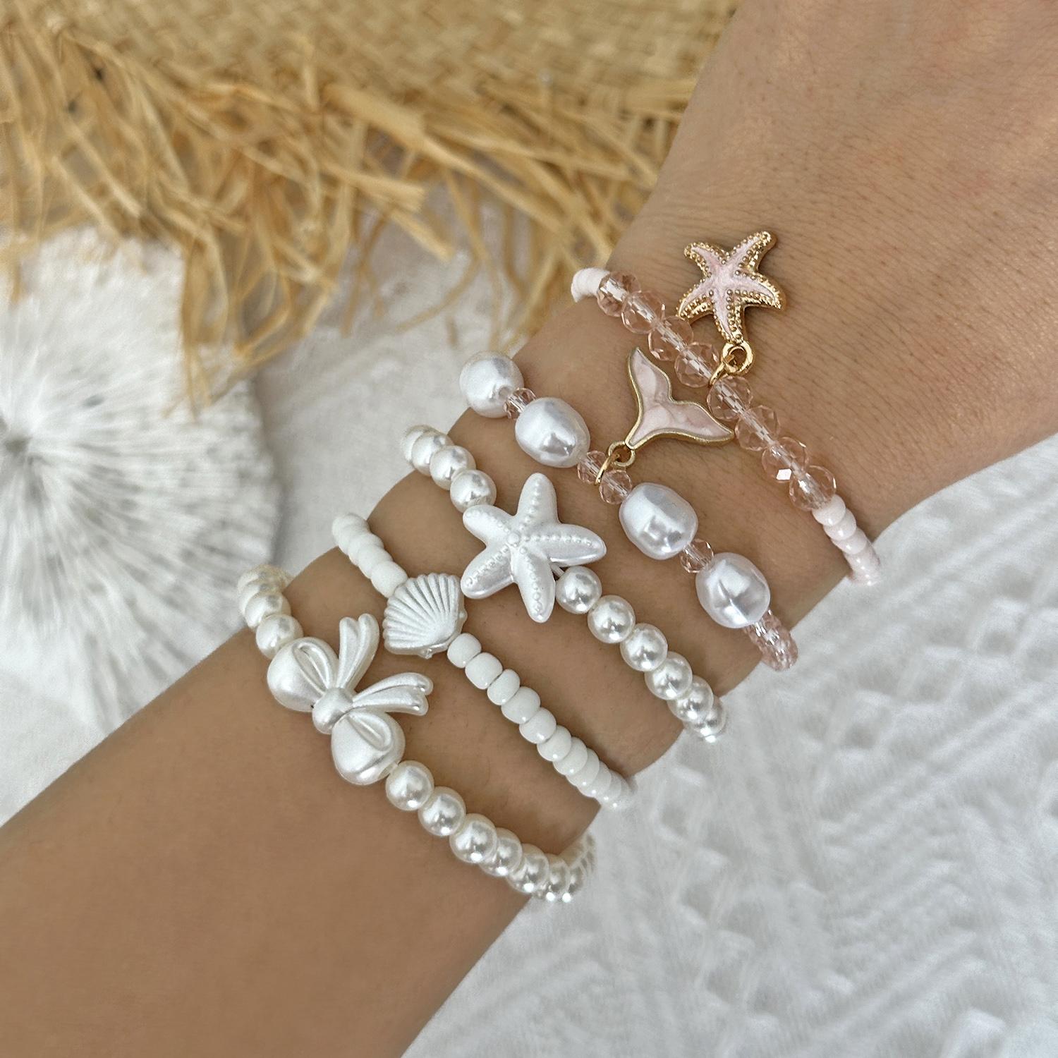 

Elegant Mermaid Tail Imitation Pearl Elastic Bracelet Set for Women Cute Bowknot Starfish Shell Bracelets Party Jewelry Gift