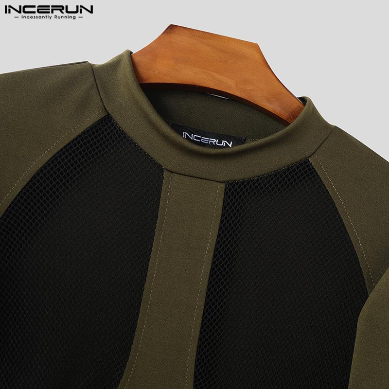 INCERUN Herren T-Shirt mit Stehkragen und Puffärmeln, Mesh, durchsichtig, Patchwork