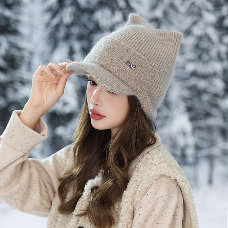 Winter Cat Ear Warm Hat Women's Velvet Thickened Cold-proof Wool Hat Windproof Ear Protection Knitted Hat