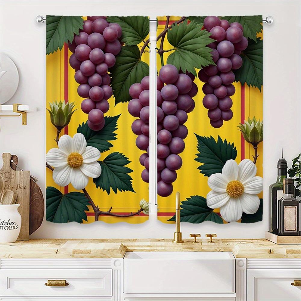 Set Of 2 Hd Digital Printed Curtain Bouquet Series Three Purple Grapes Yellow Background Green Leaves Two White Polyester