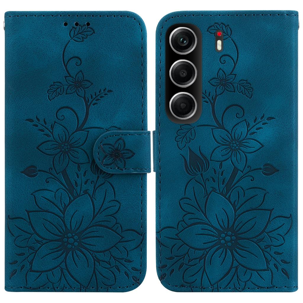 For TECNO Camon 40 4G Stand Case Lily Flower Imprint Leather Phone Cover with Wrist Strap