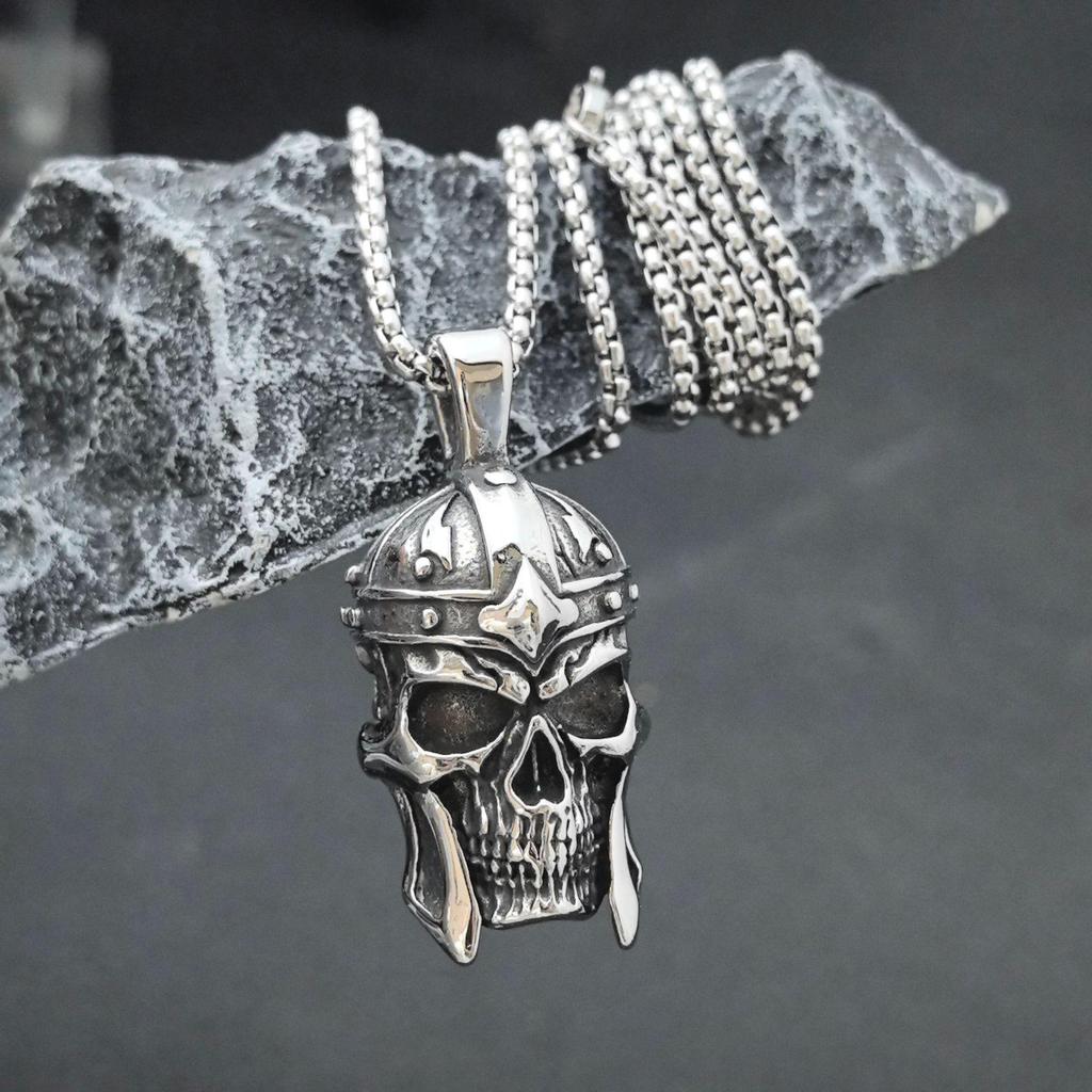 Stainless Steel Skull Pendant Viking Warrior Helmet Necklace Men's Trendy Accessories