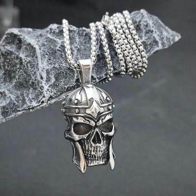 Edelstahl Totenkopf Anhänger Wikinger Krieger Helm Halskette Herren Trendige Accessoires