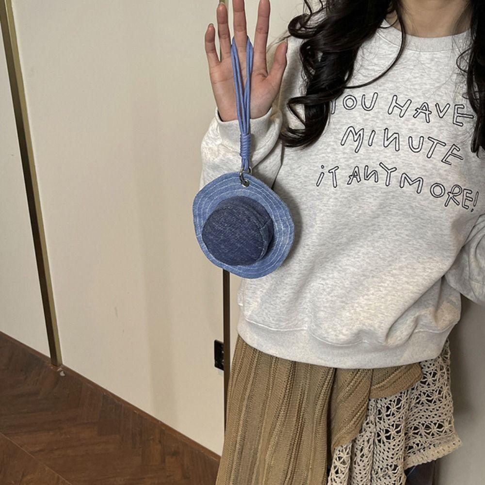 Round Mini Bucket Hat Coin Purse Cute Canvas Earphone Bag Creative Hat Shape Keychain Girl