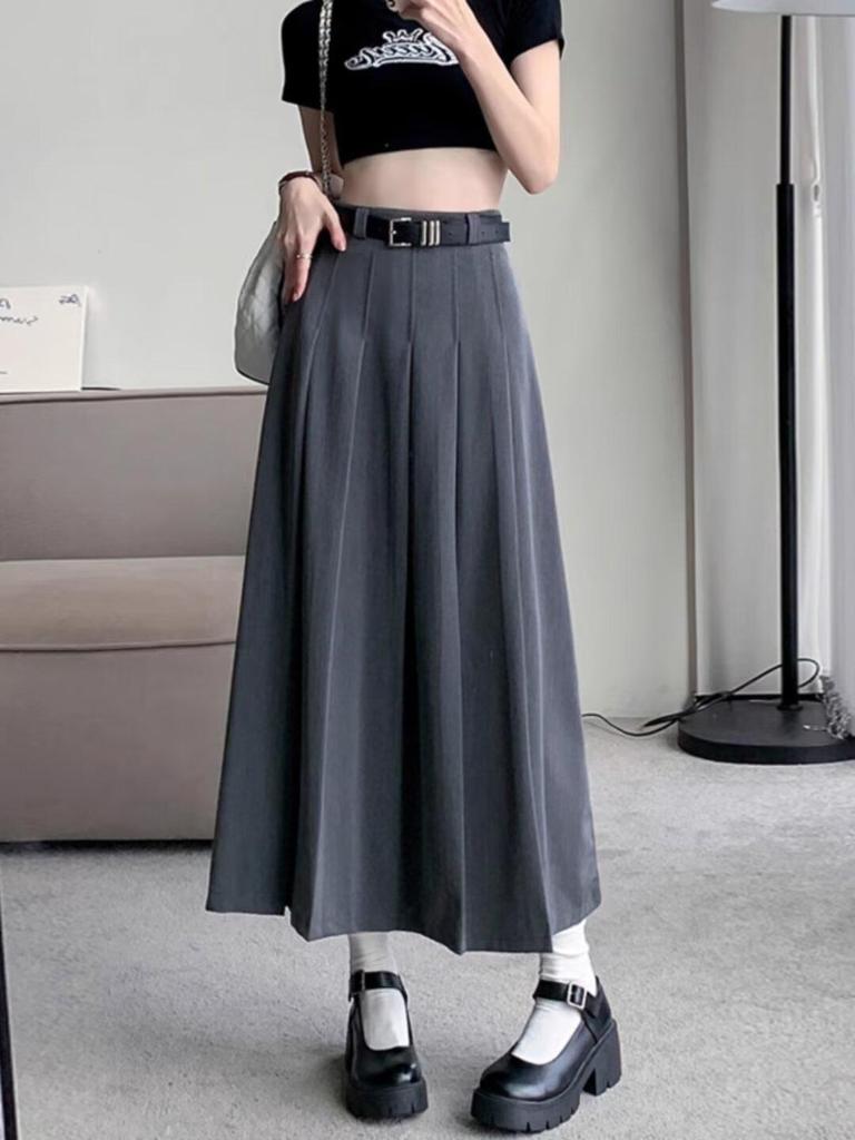 Women's Plus Size Academic Style Pleated Woolen Skirt - High Waist Slimming, Anti-Exposure Design
