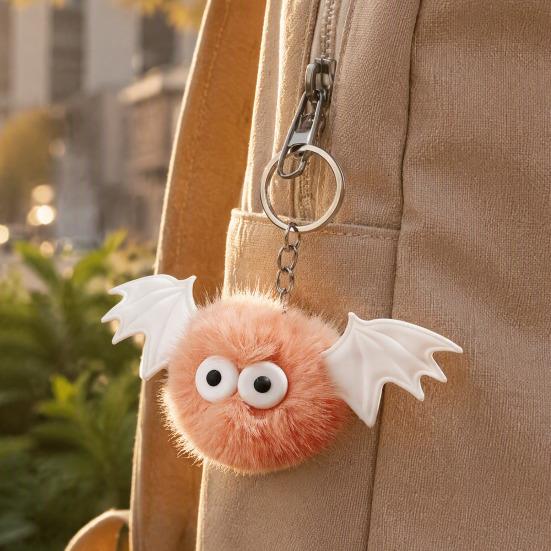 Holiday Gift for Men Halloween Bat Plush Keychain, Cute Devil Furry Pendant Funny Bag Decoration Keys, Vintage Silver Alloy Key Ring, Spooky
