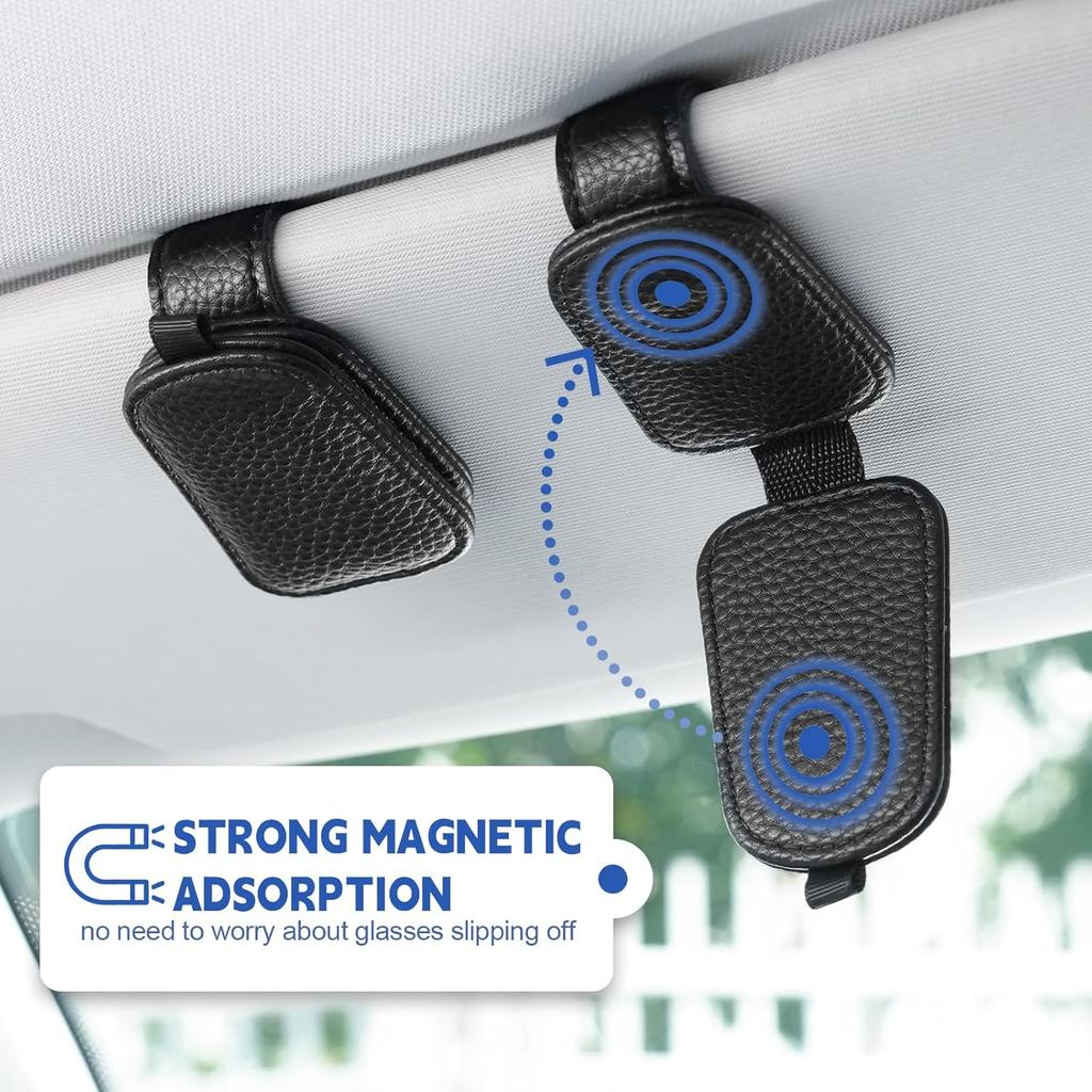 JUSTTOP 2Pack Sunglasses Holders For Car,Magnetic Leather Buckle Sun Visor Sunglass Clip,Ticket Card Clip Sunglasses Mount,Car Interior Accessories