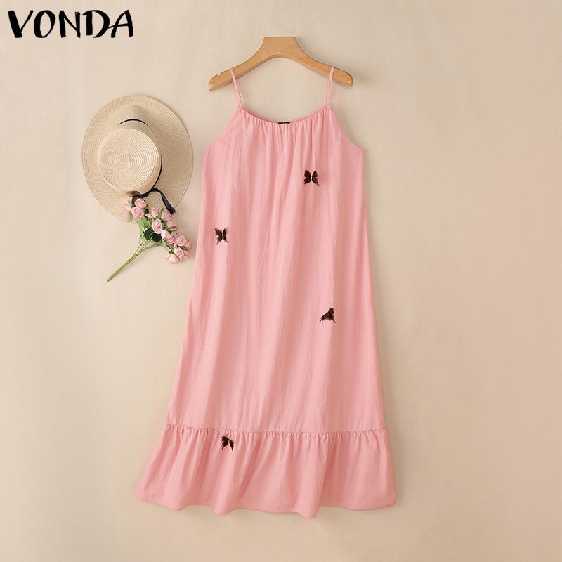 

VONDA Women s Sleeveless Sling Ruffled Hem Casual Loose Long Tank Dress 3XL розовый