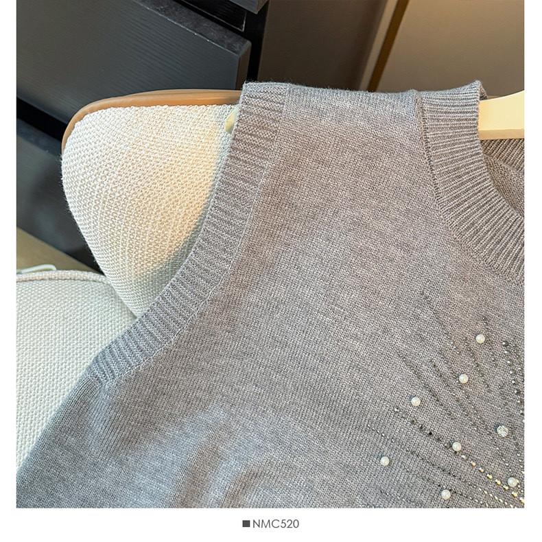 Summer Women Casual Sleeveless Solid Beading Knitted Sweater Pullover Vest Tops