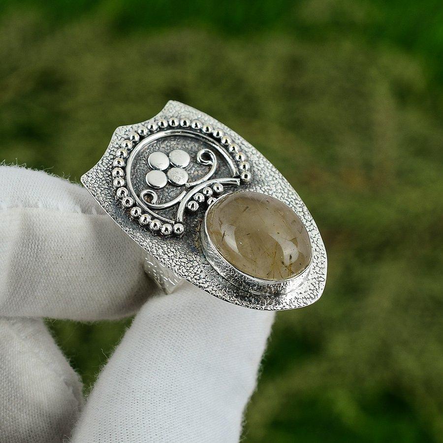 Friendship Day Deal 925 Silver Oval Golden Rutile Gemstone Promise Mother Ring Adjustable