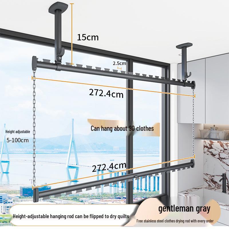 Double-Layer Top-Mount Clothes Drying Rod with Chain and Horizontal Bar for Balcony Installation