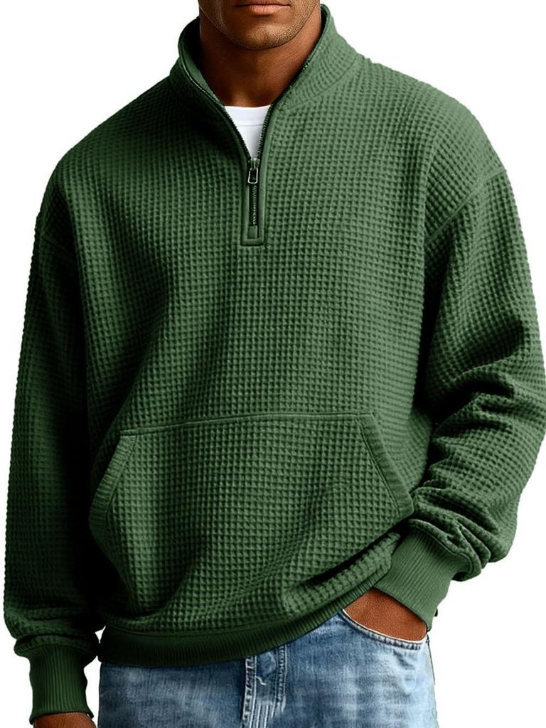 Men's American-Style Zipper Waffle Knit Hoodie - Solid Color, Loose Fit