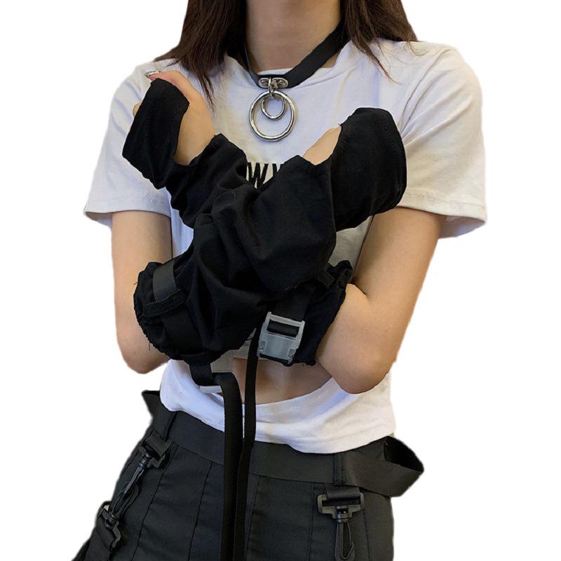 Women's Black Fingerless Gloves with Woven Strap and Buckle - Spring/Autumn Workwear Style