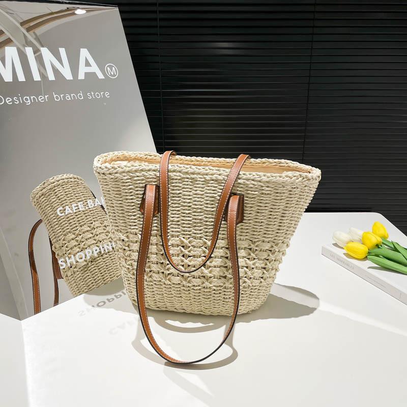 

Rainbow striped straw bag women s new beach vacation large capacity shoulder portable tote bag бежевий