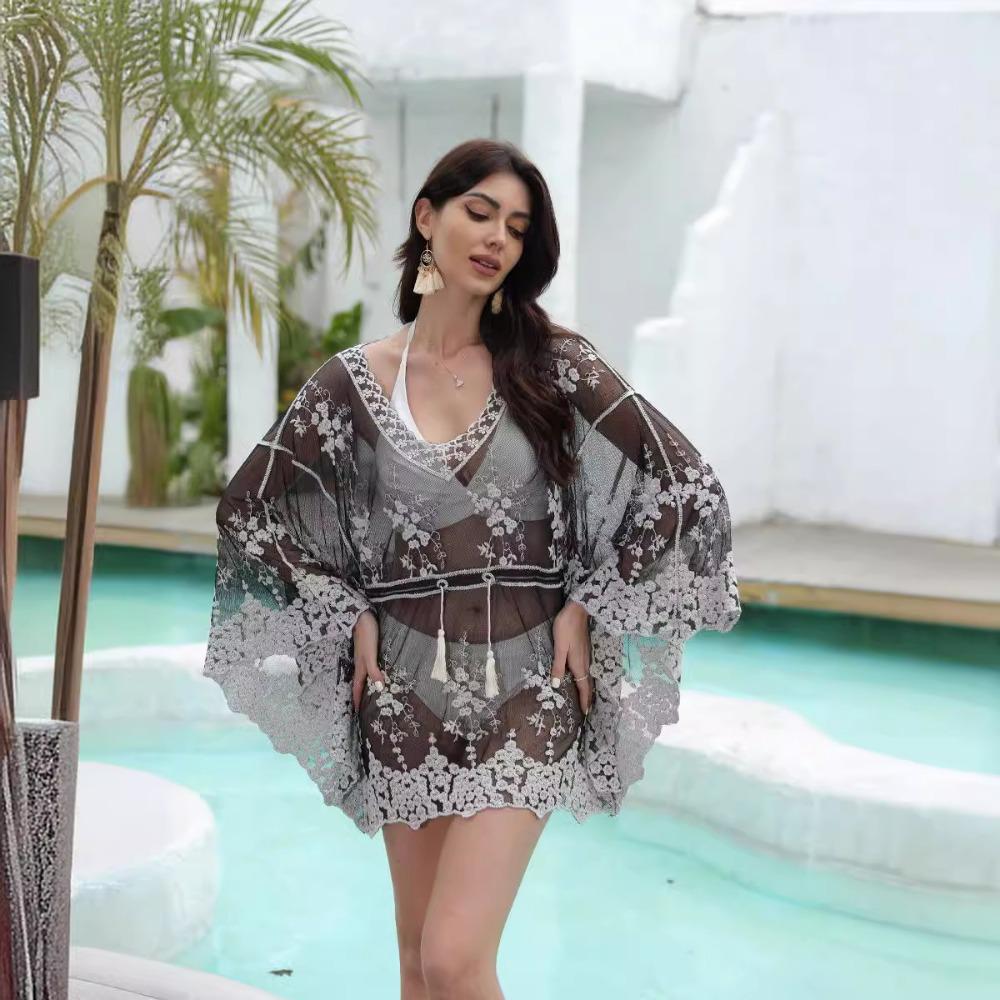 

DX~~Вязаный пуловер с выдолбленным верхом, тонким свободным кружевным внешним слоем с цветком на крючках, женский богемный этнический стиль One size чёрный