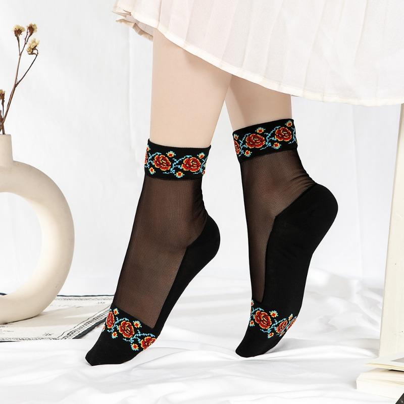 5 Pairs Women's Spring and Summer Thin Retro Anti Skid Crystal Cotton Bottom Medium Tube Ice Stockings