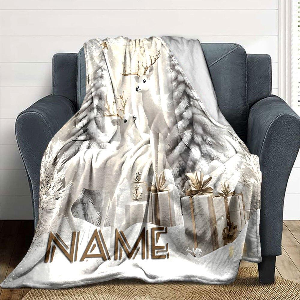 Winter Deer And Snowy Trees Home Customize Your Name Blankets Comfortable Soft Lightweight Allseason Blanket For Picnic Sofa Office Bed Living Room