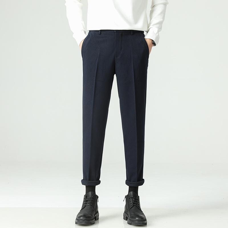 Autumn and Winter New Velvet Thickened Men's Drape Black Pants Small Trousers Men's Slim Straight Casual Pants