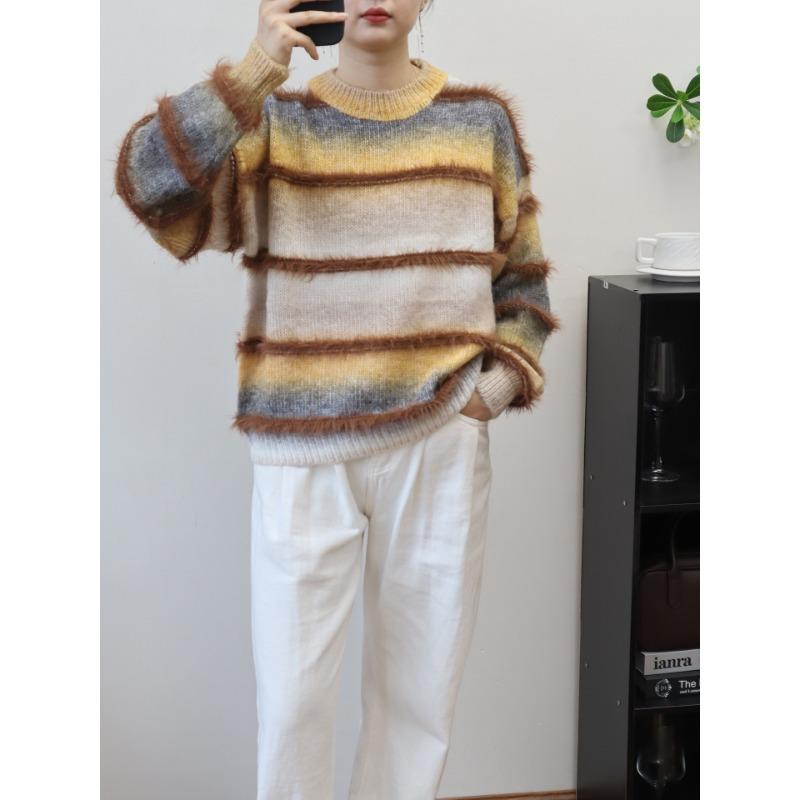 Gradual Change Color Splicing Imitation Mink Velvet Knitted Sweater Top Autumn and Winter New Loose Gentle Wind Sweater Pullover Women