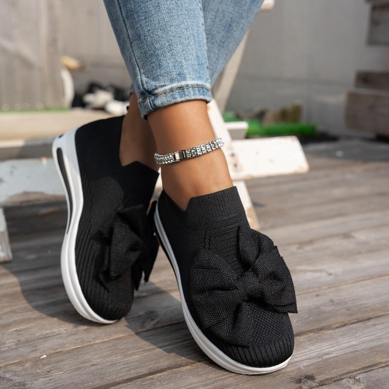 Large size fly-woven sports shoes women's summer new round head bow casual women's single shoes