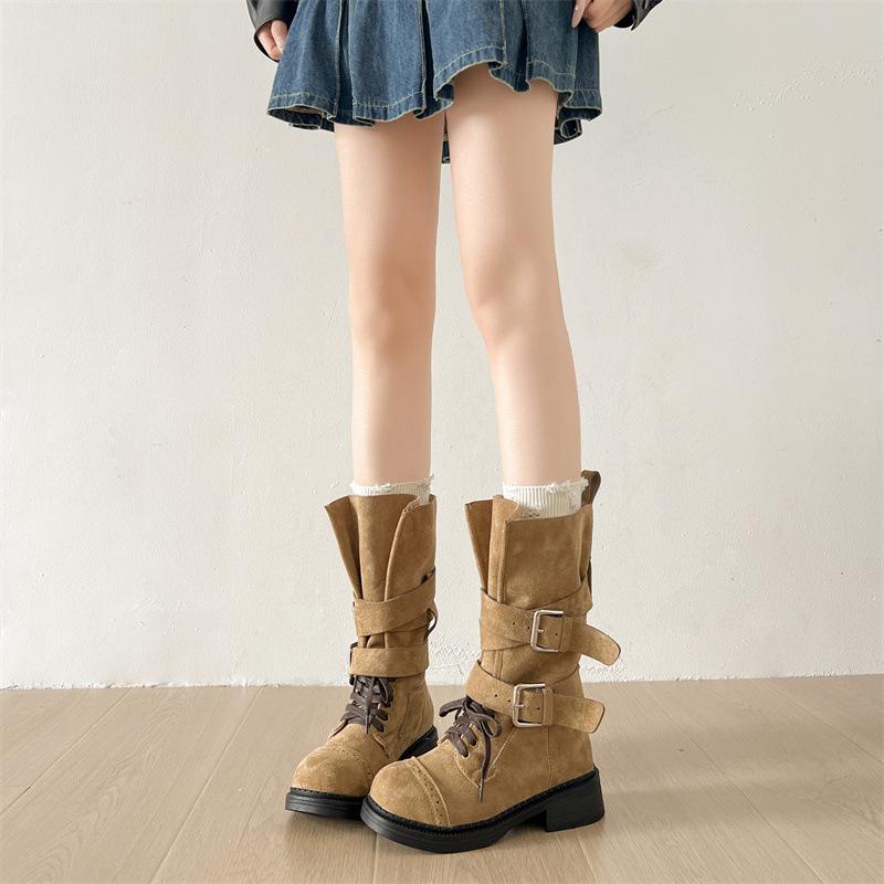 2025 new round head thick heel medium boots with skirt niche design belt buckle versatile fashion knight boots women
