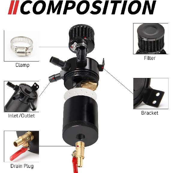 Universal 150Ml Car Oil Catch Can Kit Reservoir Tank, Compact Baffled 3-Port Oil Separator 2 Inlets 1 Outlet Black With Breather Filter + Drain Valve