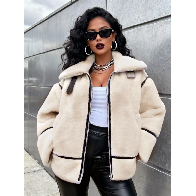 Womens Short Faux Shearling Jacket Winter Warm Oversized Lapel Coat Street Style Casual Outerwear