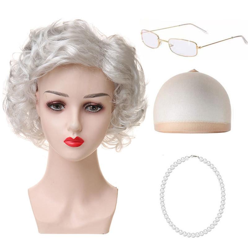 Versatile Short Curly Costume Wig Set For Grandmother Character Halloween Dress Up