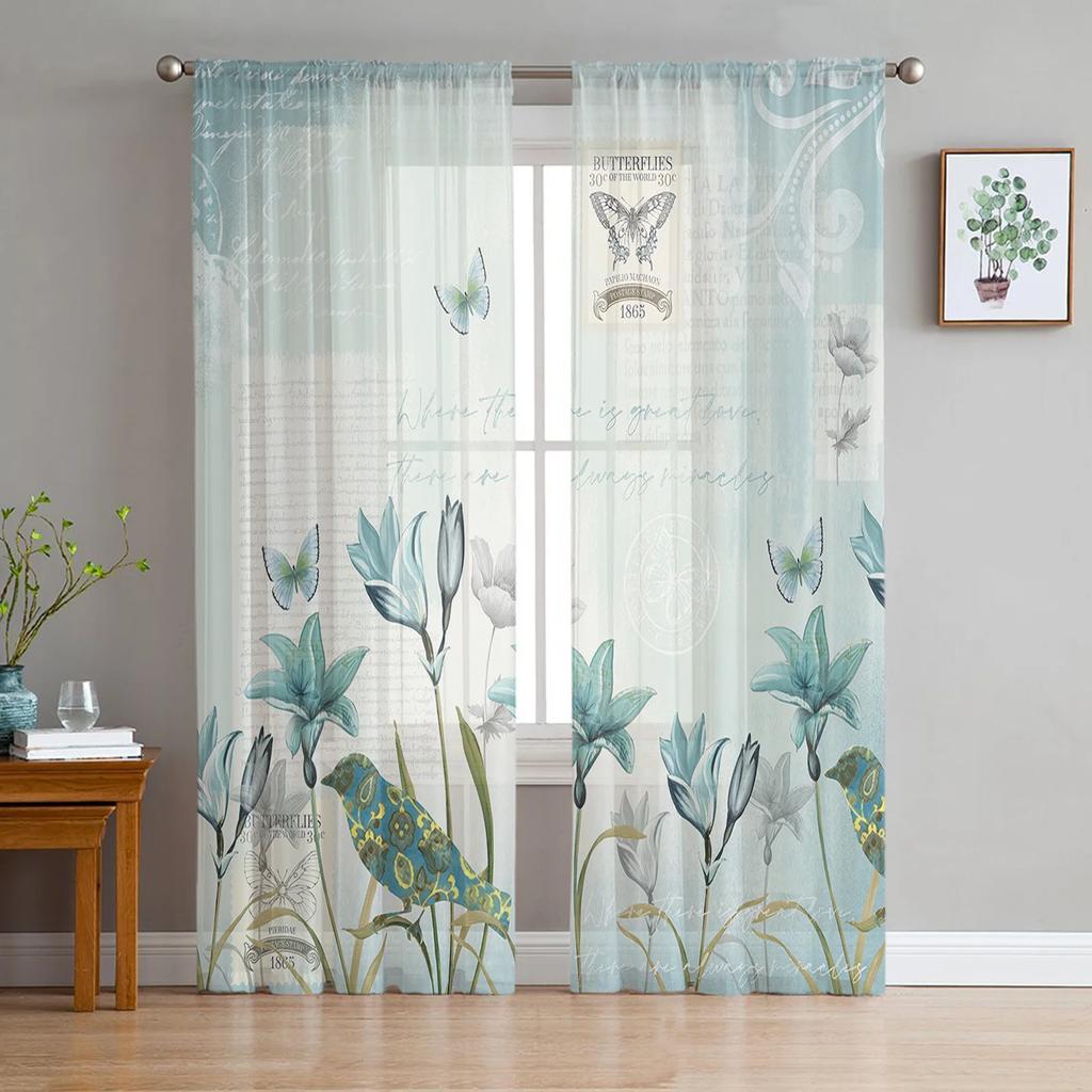 Rustic Vintage Tulip Flower Bird Sheer Curtains for Living Room Decoration Window Curtain Kitchen Tulle Voile Organza Drapes