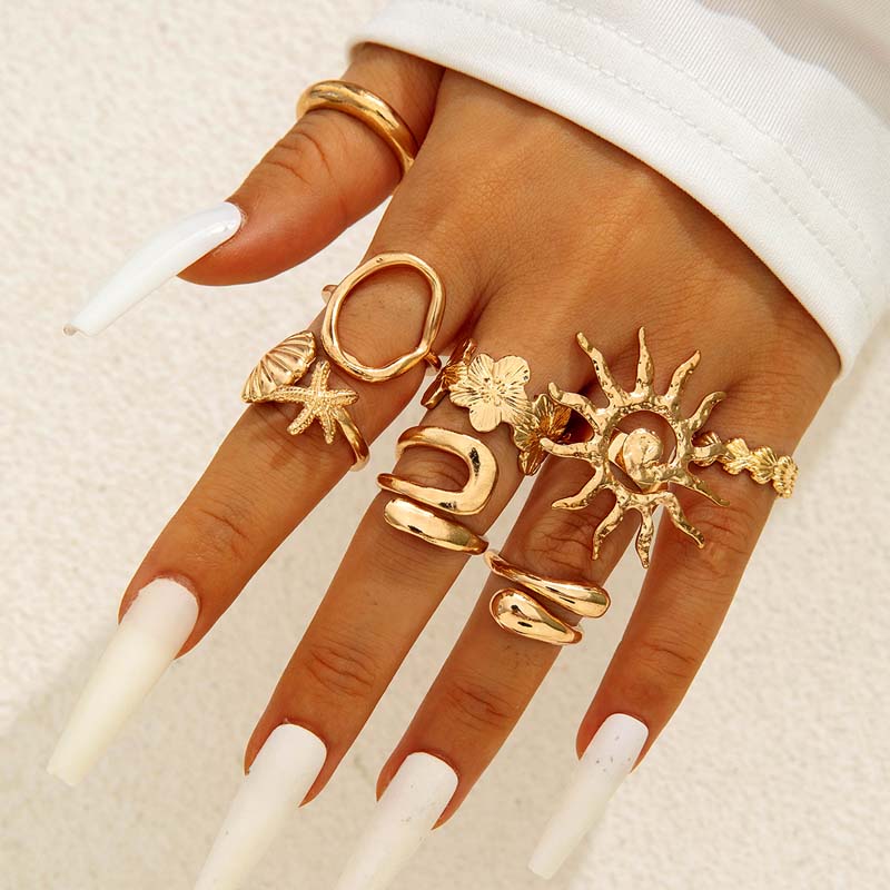 8Pcs/Set Vintage Metal Flower Shell Sun Rings Set for Women Punk Gold Color Irregular Adjustable Knuckle Ring Jewelry Gift