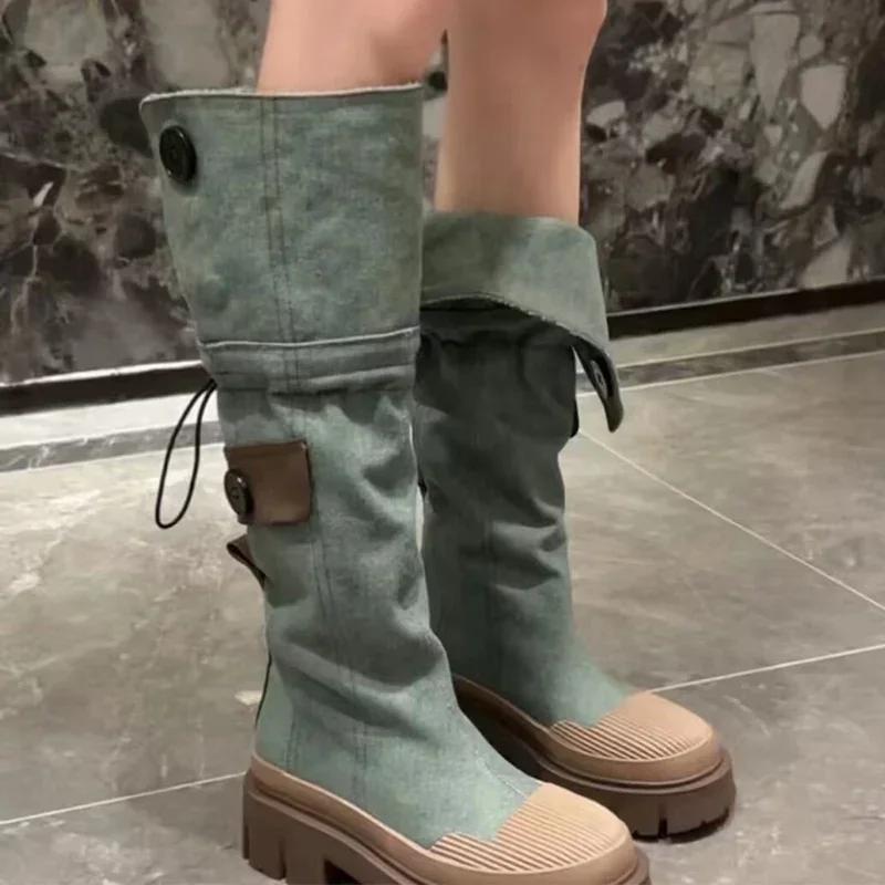 Women Flats Platform Denim Chelsea Boots Winter Shoes Designer New Knee High Motorcycle Boots Casual Goth Shoes Snow Botas Mujer