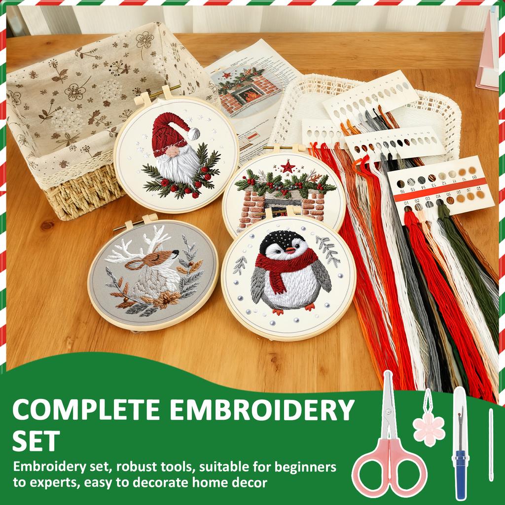 4 Sets Christmas Embroidery Kit with Pattern Needles Threads Hoops and Tools Beginner Embroidery Kit for Adults and Beginners
