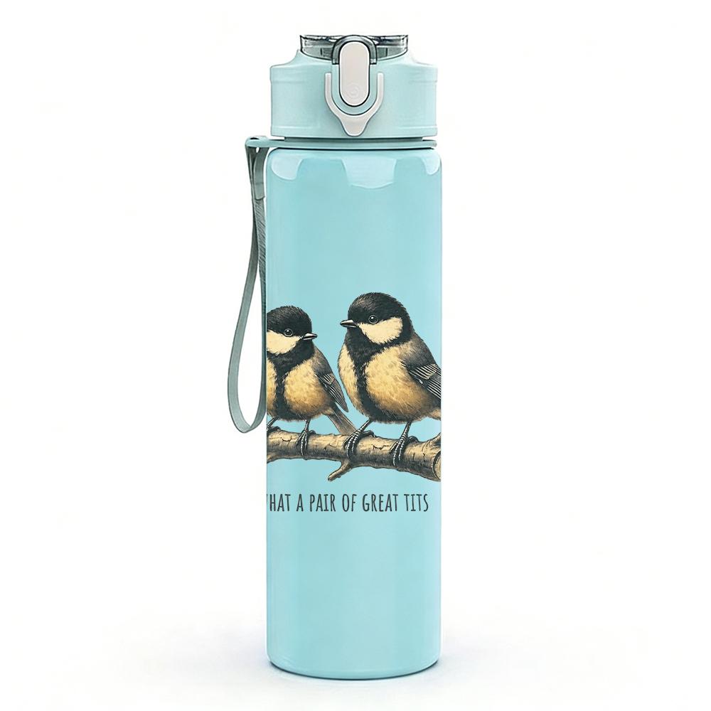 1PC Two Small Wild Birds Retro Print 750ml colorful plastic sports water bottle leakproof pop up lid with straw for outdoor work home use
