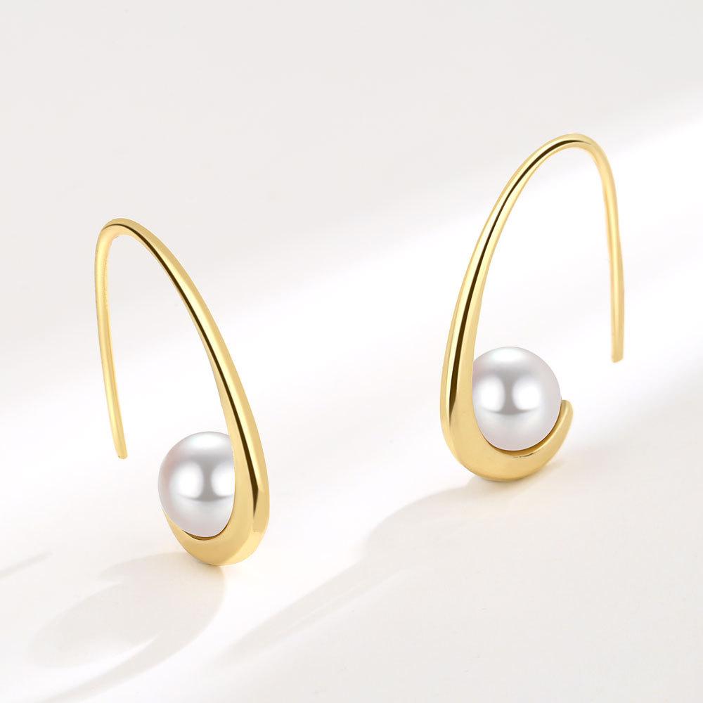 925 Silber Minimalistische Hakenform Hängeohrringe mit Perlen für Damen Modischer Geometrischer Frischer Ohrschmuck