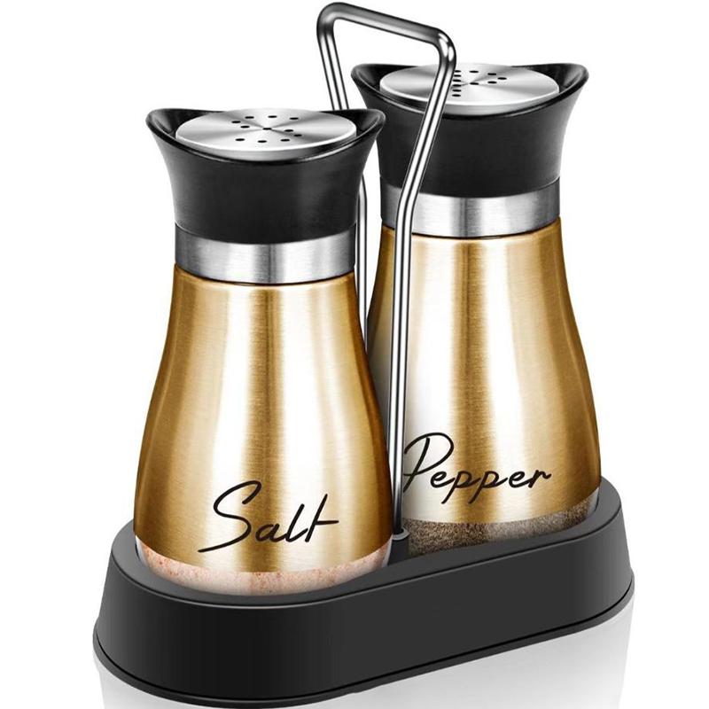 

A Set Of Pepper And Salt Seasoning Bottles, With A Shaking Stand Added Glass Base, Stainless Steel Lid, Refillable золотий