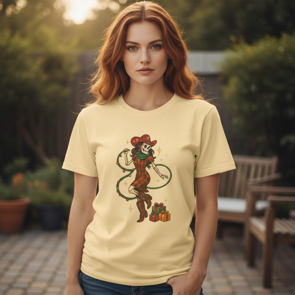 Cowgirl Skeleton Lassoing Presents Tee | Western Christmas T-Shirt, Xmas Gift 3XL