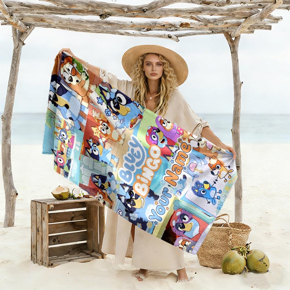 Bluey Customize Text Beach Towel Super Soft Microfiber Quickdry Fabric