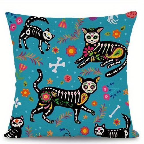Home Decor Day Of The Dead Cat And Skull Pillows Pattern Cushion Cover Suitable For Sofa Bedroom Car Pillow Cover