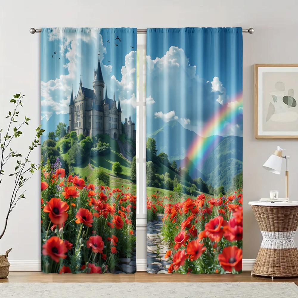 

2 pcs, filtering curtains (excluding rods, non-movable, without batteries) Castle & Floral Rainbow for use in bedrooms and 29x65in(75x166cm)