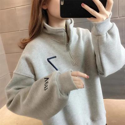 Cotton Sweater Women's Fall and Winter Loose Padded and Thickened Waffle Half-zipper Tops Casual Versatile Sweater