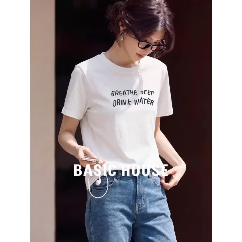 Basic House Women s Letter Print Round Neck T-Shirt M